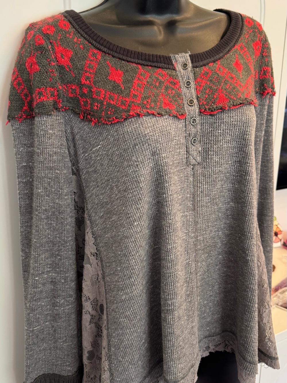 Free People M Gray Red Fair Isle Thermal Henley Lace Hem Long Sleeve Boho Top